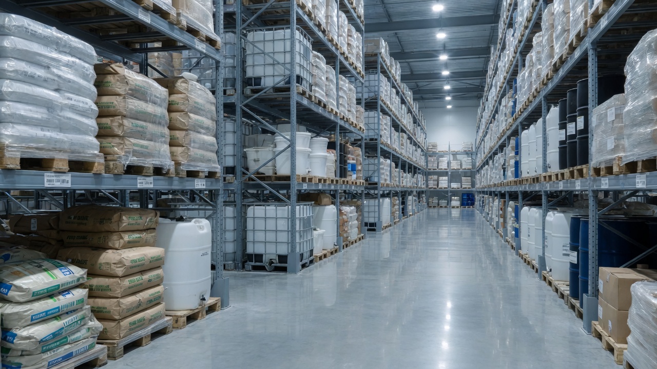 Industrial wholesale warehouse aisle stacked with palletized food ingredients